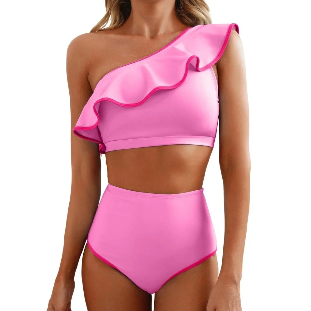 Herseas Women's Pink One Shoulder Bikini Set Colorblock Trim Ruffle XL